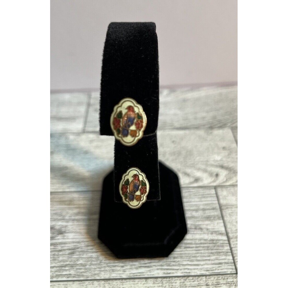 Vintage Enamel cloisonne Bird Stud Earrings Gold Tone White Background